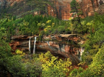 Tim Fitzharris - Cascades tumbling 110 feet at Emerald Pools, Zion National Park, Utah