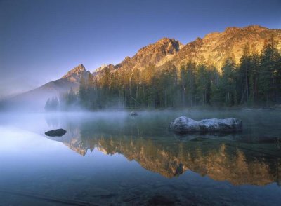 Tim Fitzharris - Teewinot Mountain reflected in misty lake, Grand Teton NP, Wyoming