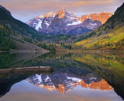 Tim Fitzharris - Maroon Bells peaks reflected in Maroon Lake, Snowmass Wilderness, Colorado