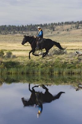 Konrad Wothe - Cowboy riding Horse beside pond with two dogs, Oregon