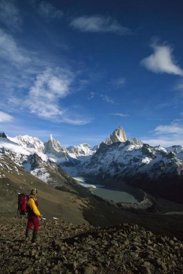 Colin Monteath - Hiker admiring Cerro Torre and Fitzroy, Los Glaciares NP, Patagonia