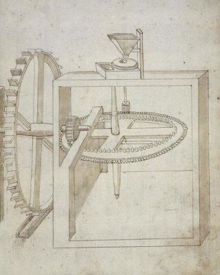 Francesco di Giorgio Martini - Folio 22: mill powered by undershot water wheel