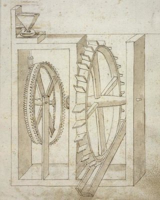Francesco di Giorgio Martini - Folio 14: mill with undershot water wheel