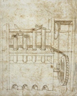 Francesco di Giorgio Martini - Folio 10: piston pumps and water wheel