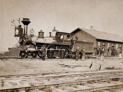 A.J. Russell - Wyoming Station, Engine 23 on Main Track, May 1868