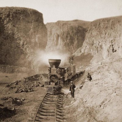 Alfred A. Hart - First Construction Train passing the Palisades, Ten Mile Cañon, Nevada, 1866-1869