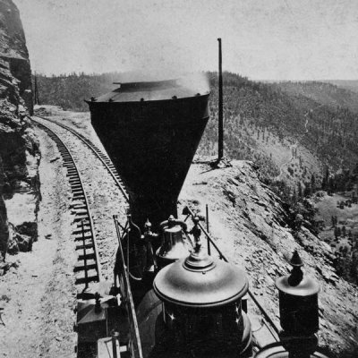 Alfred A. Hart - Rounding Cape Horn. Road to Iowa Hill from the river, in the distance. Black and white.