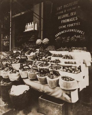 Eugene Atget - Rue Sainte-Opportune - Produce Display, rue Sainte-Opportune. Sepia