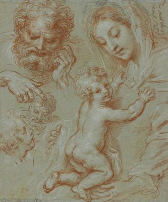 Michel Corneille - Studies of the Madonna and Child and of Heads (recto); Madonna and Child with Saint John Seated in a Landscape (verso)