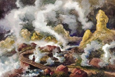Ernst Haeckel - Krater des Vulkan Papandajan Schwefelfelsen und kochende Quellen