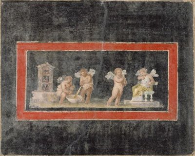 Unknown 1st Century Roman Artisan - Fresco Fragment with Cupids and Psyche Making Perfume