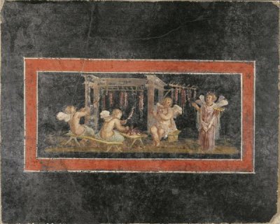Unknown 1st Century Roman Artisan - Fresco Fragment with Four Cupids Hanging Garlands