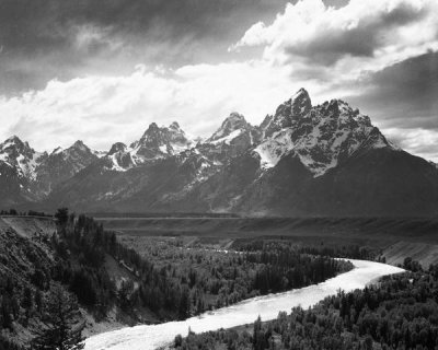 Ansel Adams - View from river valley towards snow covered mountains, river in foreground, Grand Teton National Park, Wyoming , 1941