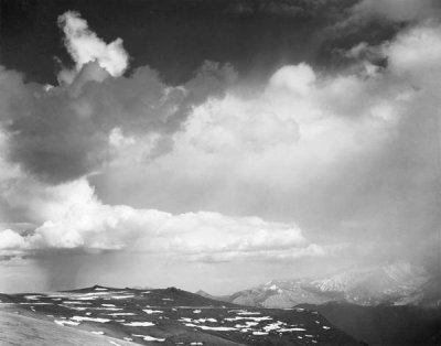 Ansel Adams - Mountain tops, low horizon, dramatic clouded sky, in Rocky Mountain National Park, Colorado,  ca. 1941-1942
