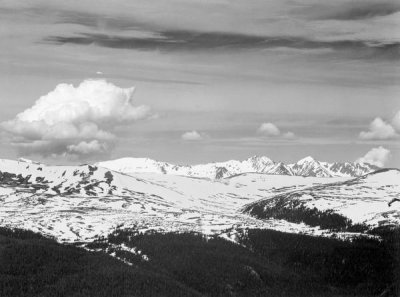 Ansel Adams - View at timberline, dark foreground, light snow capped mountain, gray sky, in Rocky Mountain National Park, Colorado, ca. 1941-1942