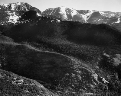 Ansel Adams - View of wooded hills with mountains in background, in Rocky Mountain National Park, Colorado, ca. 1941-1942