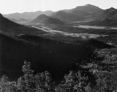 Ansel Adams - Valley surrounded by mountains,  in Rocky Mountain National Park, Colorado, ca. 1941-1942