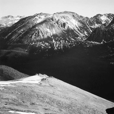 Ansel Adams - Panorama of barren mountains and shadowed valley,  in Rocky Mountain National Park, Colorado, ca. 1941-1942