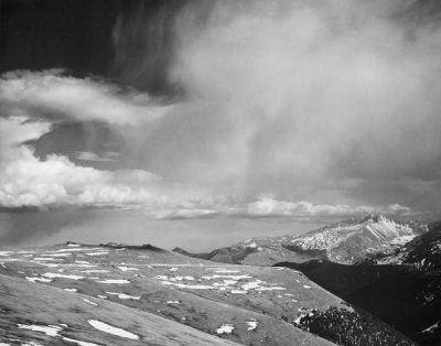 Ansel Adams - Mountain tops, low horizen, low hanging clouds,  in Rocky Mountain National Park, Colorado, ca. 1941-1942