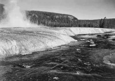 Ansel Adams - River in foreground, trees behind, Firehold River, Yellowstone National Park, Wyoming, ca. 1941-1942