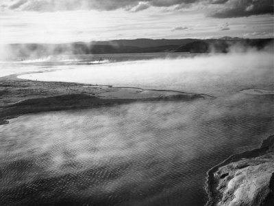 Ansel Adams - Steaming pool in foreground, high horizon, Fountain Geyser Pool, Yellowstone National Park, Wyoming, ca. 1941-1942