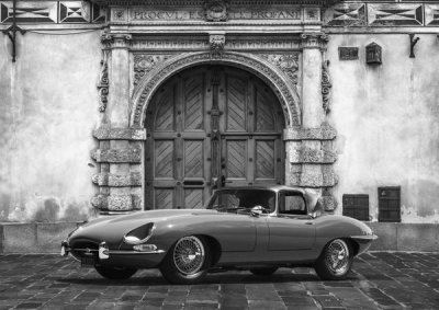 Gasoline Images - Roadster in front of Classic Palace (BW)