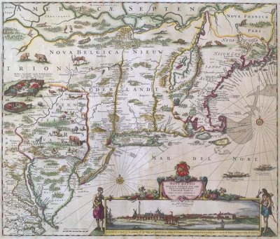 Justus Danckers - New England and New York with inset depicting lower Manhattan, 1655