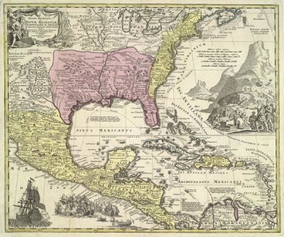 Johann Baptiste Homann - North America to Mexico and south to Panama and Venezuela, 1730.