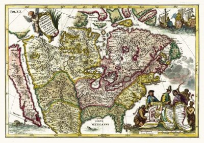 Henrich Scherer - Atlas Novus - North American European Territories - Tinted Version, 1700