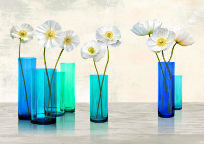 Cynthia Ann - Poppies in crystal vases (Aqua palette)