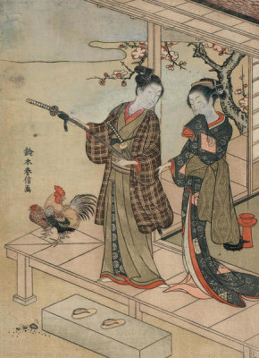 Harunobu Suzuki - Man and Women on veranda with chickens, 1768 (Engawa no wakashu to onna),