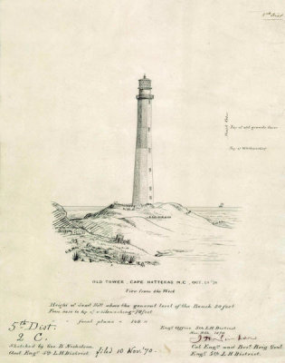 Department of Commerce. Bureau of Lighthouses - Cape Hatteras, North Carolina - View From West, Old Tower, 1870