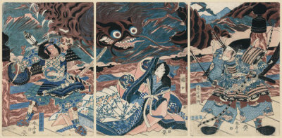 Shuntei Katsukawa - Fujiwara no hidesato no mukade taiji (Sea Monster Attack) – Triptych, ca. 1815-20