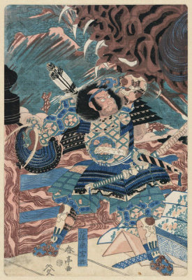 Shuntei Katsukawa - Fujiwara no hidesato no mukade taiji (Sea Monster Attack) – Triptych left panel, ca. 1815-20