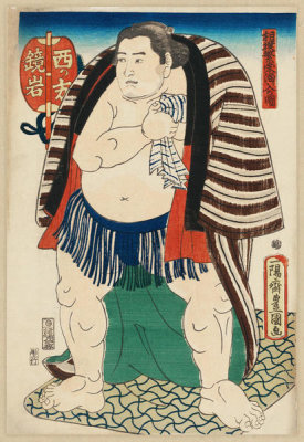 Utagawa Kunisada - Nishi no kata Kagamiiwa (From the series: Sumō han'ei tamari iri no zu : Great sumo wrestlers waiting for their match), ca. 1847