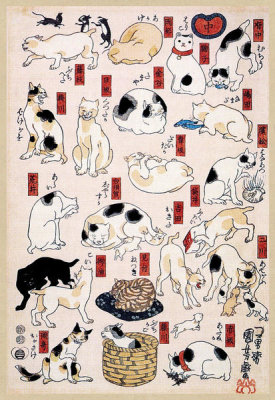 Utagawa Kuniyoshi - Cats Suggested as The Fifty-three Stations of the Tōkaidō Road – Triptych center panel,  1850