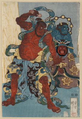 Utagawa Kuniyoshi - Meiyo migi ni tekinashi hidarijingorō (Famous people: The incomparable Hidari Jingoro) – Triptych left panel, ca. 1847-1850