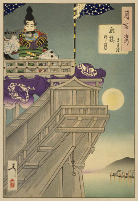 Tsukioka Yoshitoshi - Moon at the Helm of a Boat - Taira no Kiyotsune. From the series: One Hundred Aspects of the Moon