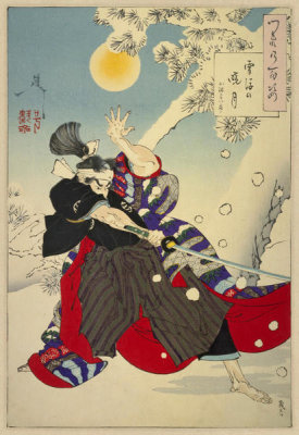 Tsukioka Yoshitoshi - Dawn Moon and Tumbling Snow - Kobayashi Heihachirō. From the series: One Hundred Aspects of the Moon