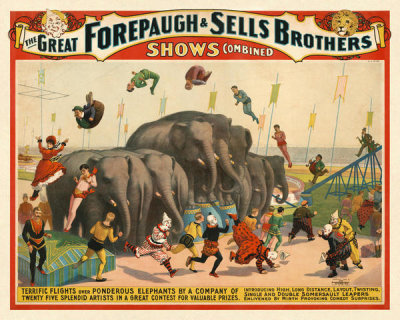 Strobridge Litho. Co. - Adam Forepaugh and Sells Brothers Circus: Terrific Flights Over Ponderous Elephants, ca. 1899