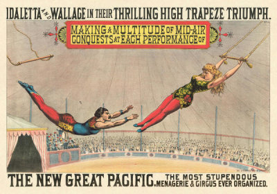 Strobridge Litho. Co. - The New Great Pacific Menagerie & Circus: Idaletta and Wallace Thrilling High Trapeze Triumph, 1890