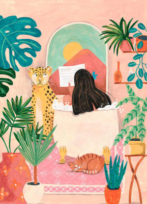 Caroline Bonne Muller - Woman taking bath in pink tropical bathroom