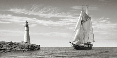 Pangea Images - Sailboat approaching Lighthouse, Mediterranean Sea (detail)