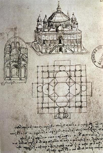 Leonardo Da Vinci - Sketch of a Square Church with Central Dome and Minaret - Art Print - Global ...